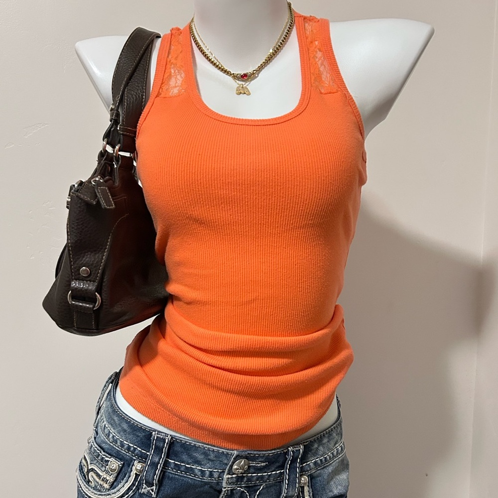 Coral Orange Lace Trim Tank Top